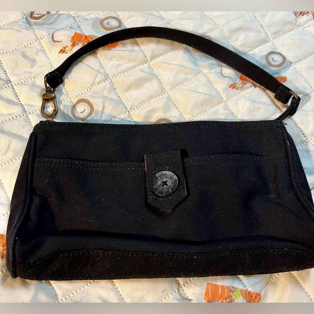Gap Wristlet Clutch Zipper Black Canvas Button Pocket Pink Lining Snap Strap